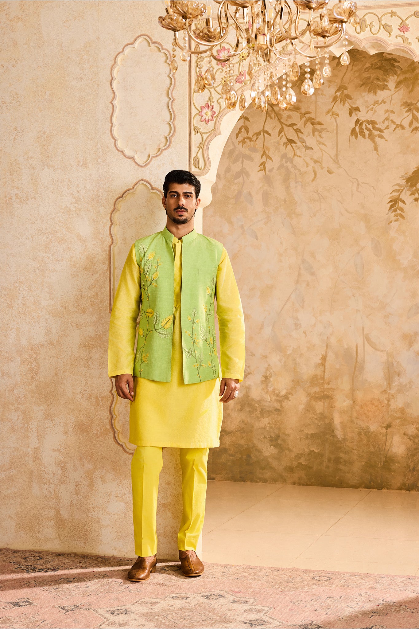 GREEN FLORAL BUNDI YELLOW KURTA PANT