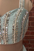 Load image into Gallery viewer, Mint Pre-draped saree with mirror work blouse
