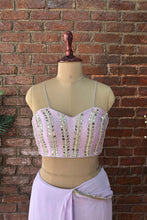 Load image into Gallery viewer, Lavender Pre-draped saree with mirror work blouse

