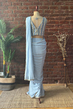 Load image into Gallery viewer, Dusty Blue Pre-draped saree with mirror work blouse
