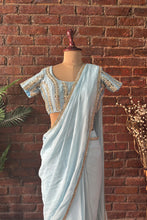 Load image into Gallery viewer, Sky Blue Pre-draped saree with mirror work blouse
