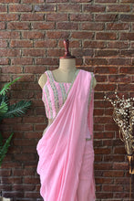 Load image into Gallery viewer, Pink Pre-draped saree with mirror work blouse
