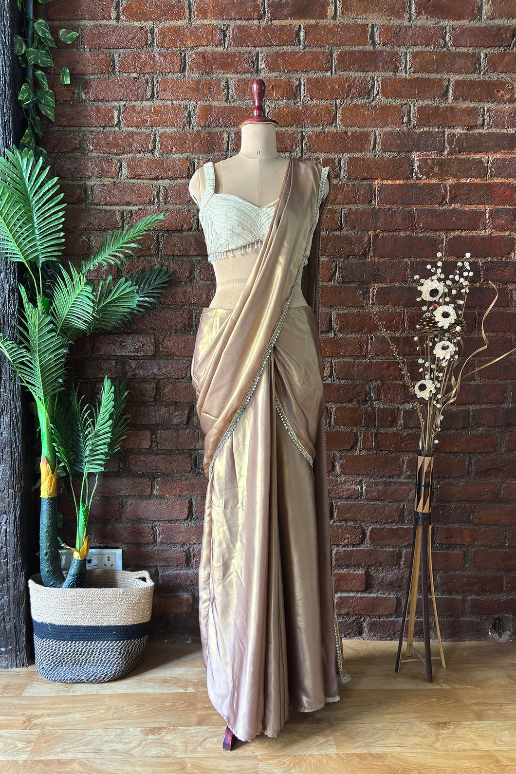 Bronze shimmer Pre-stitched saree with Gota work blouse