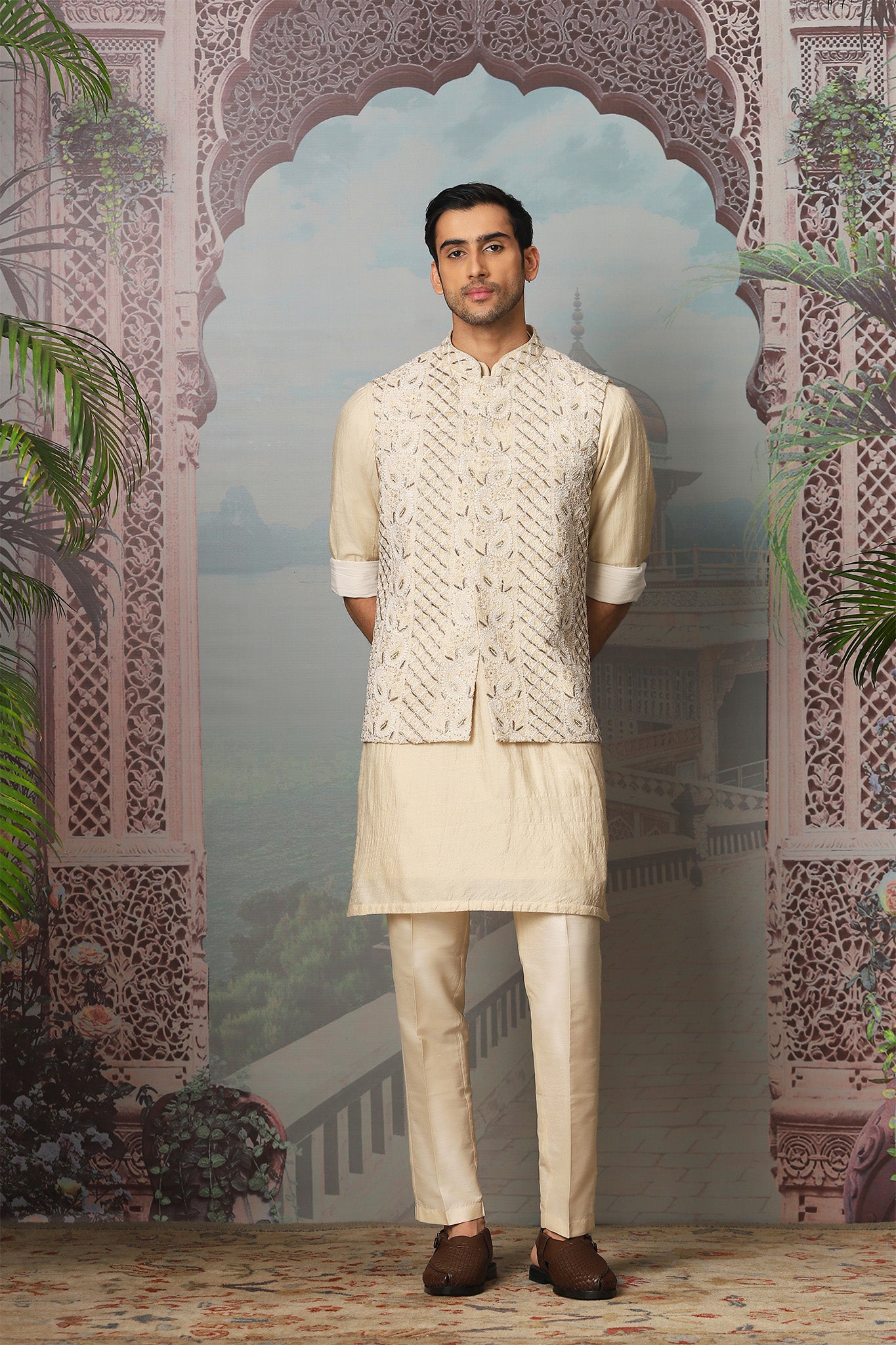 Ivory Splendor Georgette Silk Kurta Bundi Set