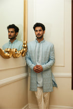 Load image into Gallery viewer, POWDER BLUE RAW SILK OPEN SHERWANI  JACKET WITH KURTA AAND TROUSER
