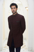 Load image into Gallery viewer, BURGUNDY RAW SILK EMBROIDERED SHORT SHERWANI WITH KURTA AND SALWAR
