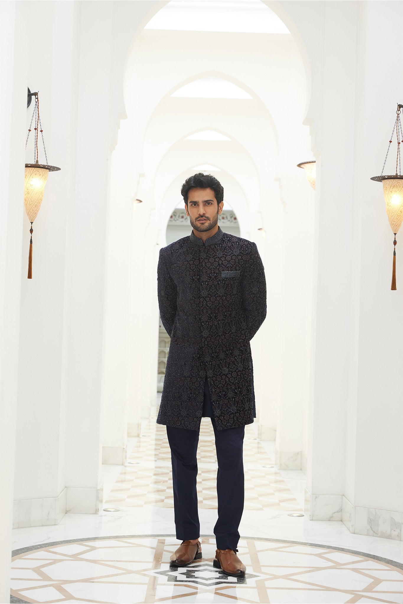 MIDNIGHT BLUE EMBROIDERED  VELVET SHORT SHERWANI WITH KURTA AND TROUSER