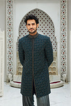 Load image into Gallery viewer, TEAL BLUE RAW SILK SHORT SHERWANI WITH GUNMETAL GREY KURTA AND SALWAR
