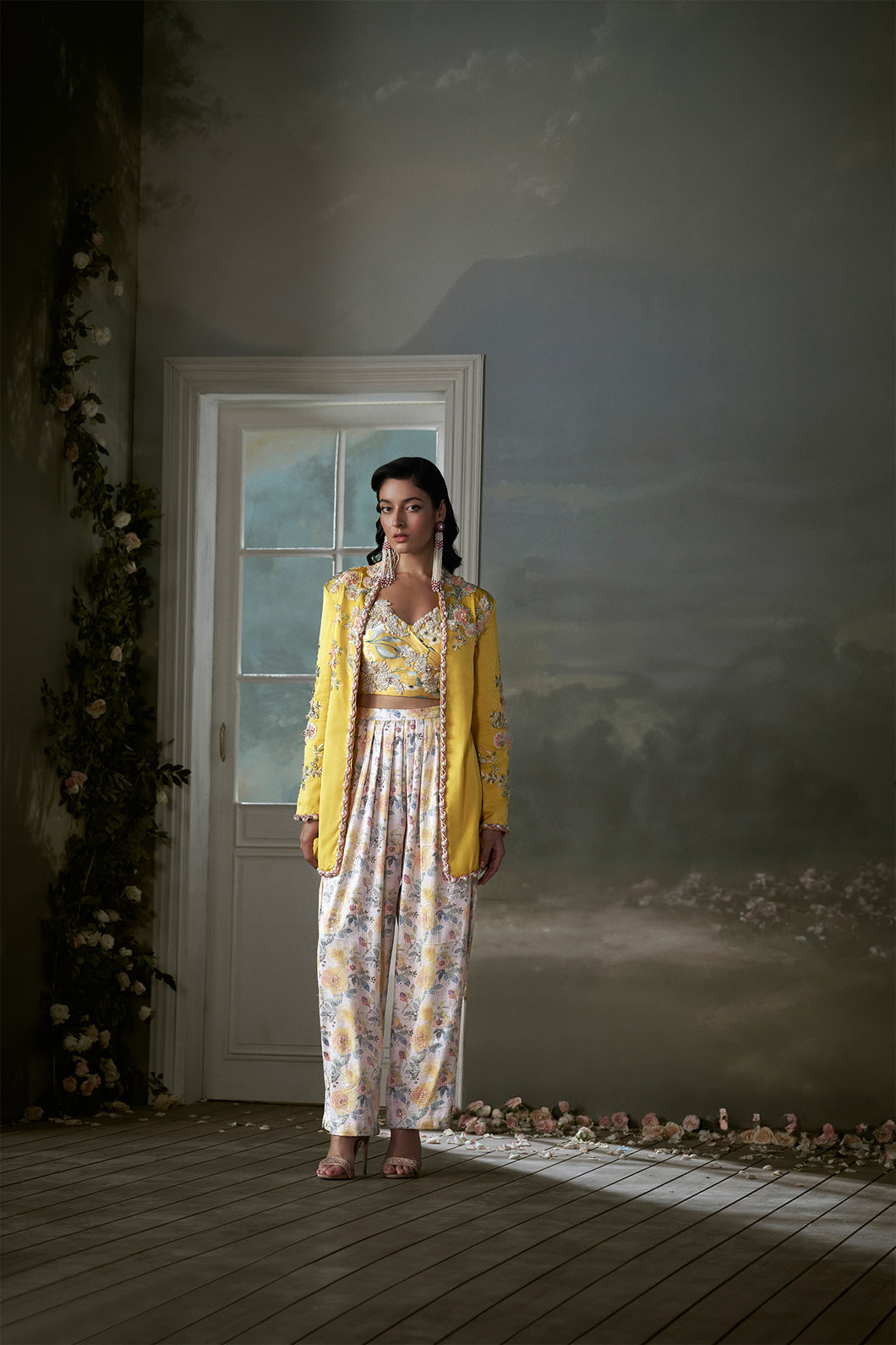 Yellow Jacket Trouser Set With Corset Top