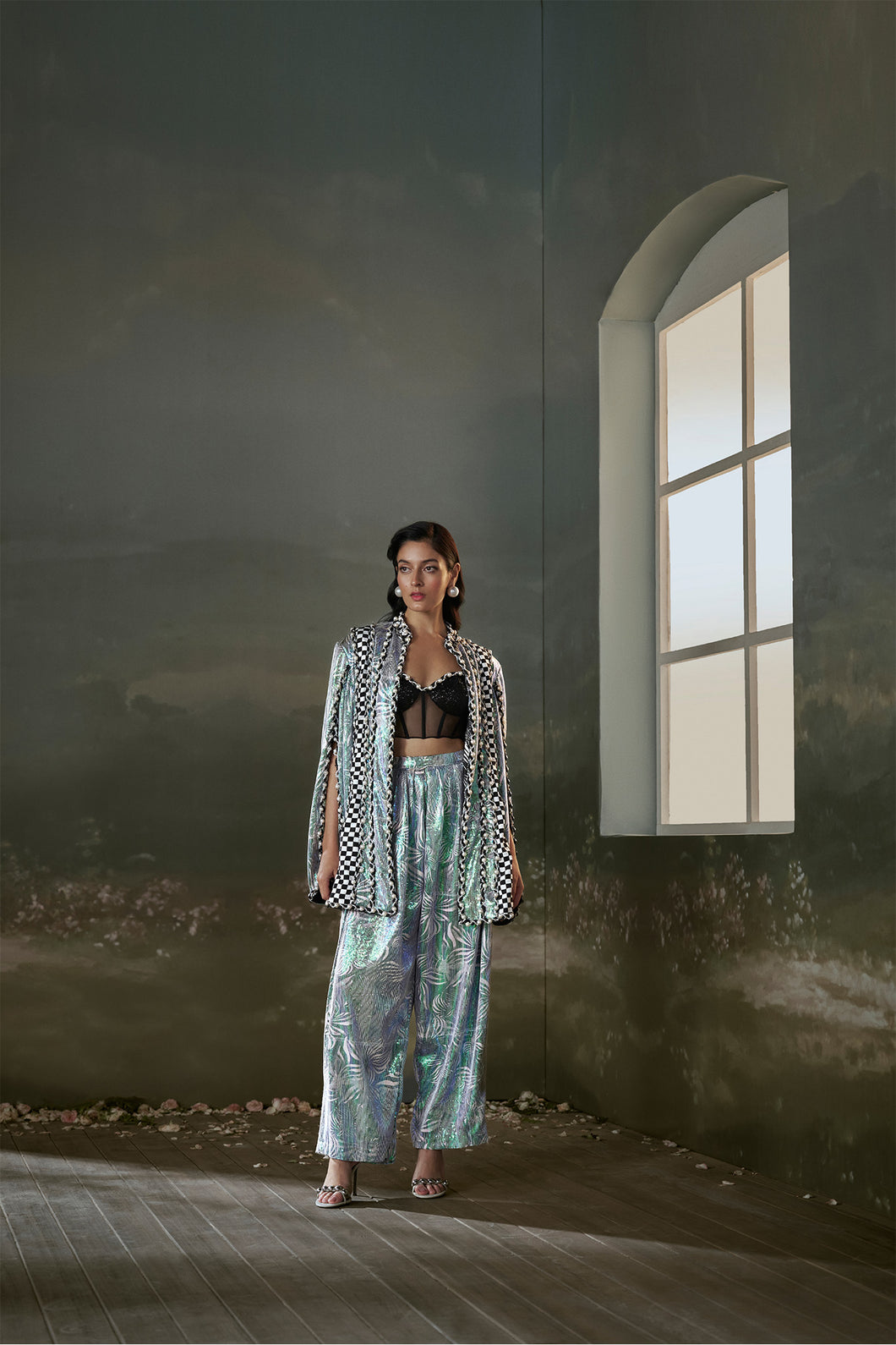 Printed metallic jacket trouser set with corset