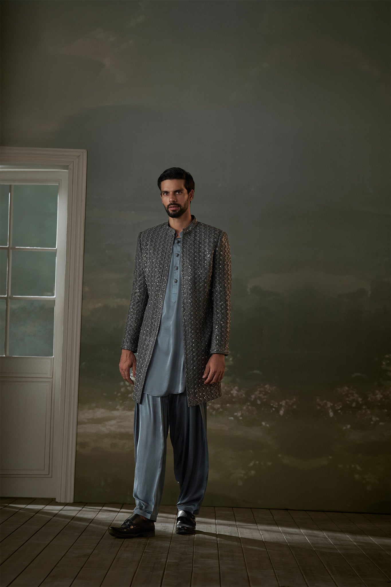 GREY OPEN JACKET WITH KURTA AND SALWAR