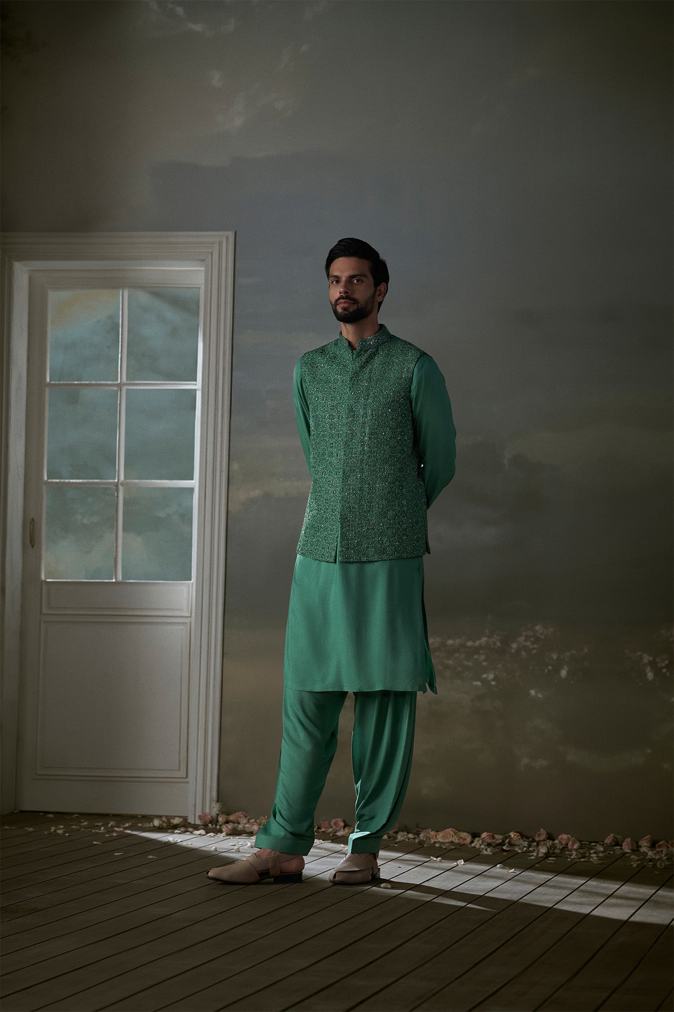 FOREST GREEN BUNDI WITH COTTON SILK KURTA AND SALWAR