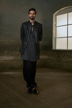 Load image into Gallery viewer, BLACK RAW SILK FULL SLEEVED JACKET WITH KURTA AND SALWAR
