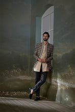 Load image into Gallery viewer, BEIGE AND BLACK PRINTED RAW SILK JACKET WITH BEIGE KURTA AND BLACK TROUSER
