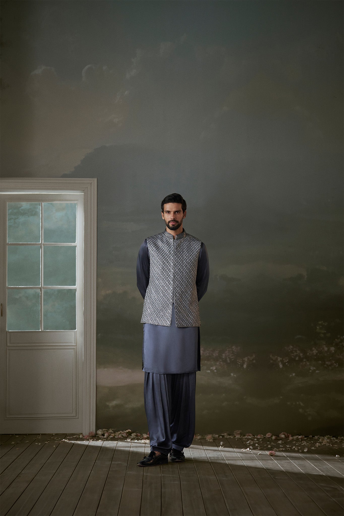 GREY RAW SILK BUNDI JACKET WITH KURTA AND SALWAR