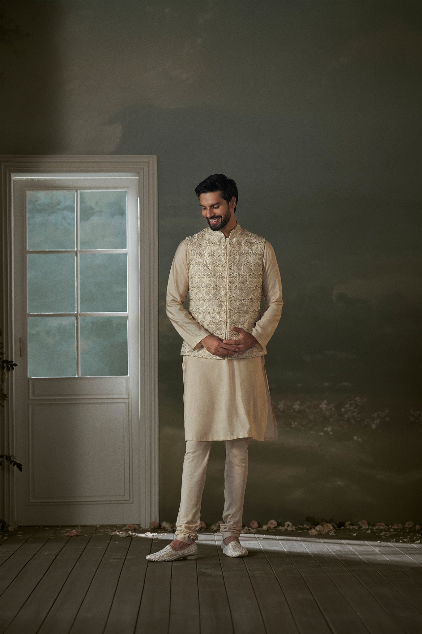 BEIGE KURTA CHURIDAR WITH WORKED BUNDI  JACKET SET