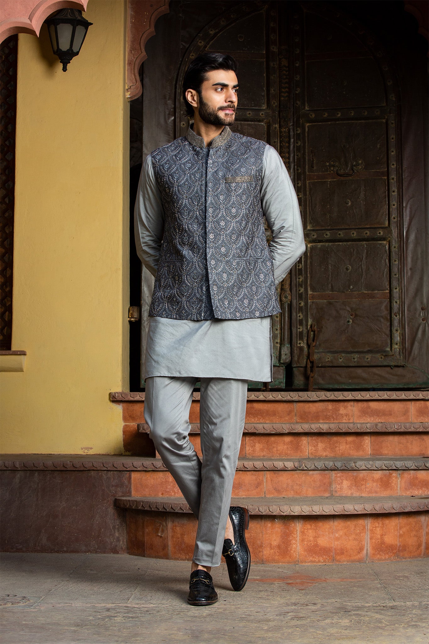 STEEL GREY  KURTA AND PANT WITH ALL OVER EMBROIDERED RAW SILK NEHRU JACKET