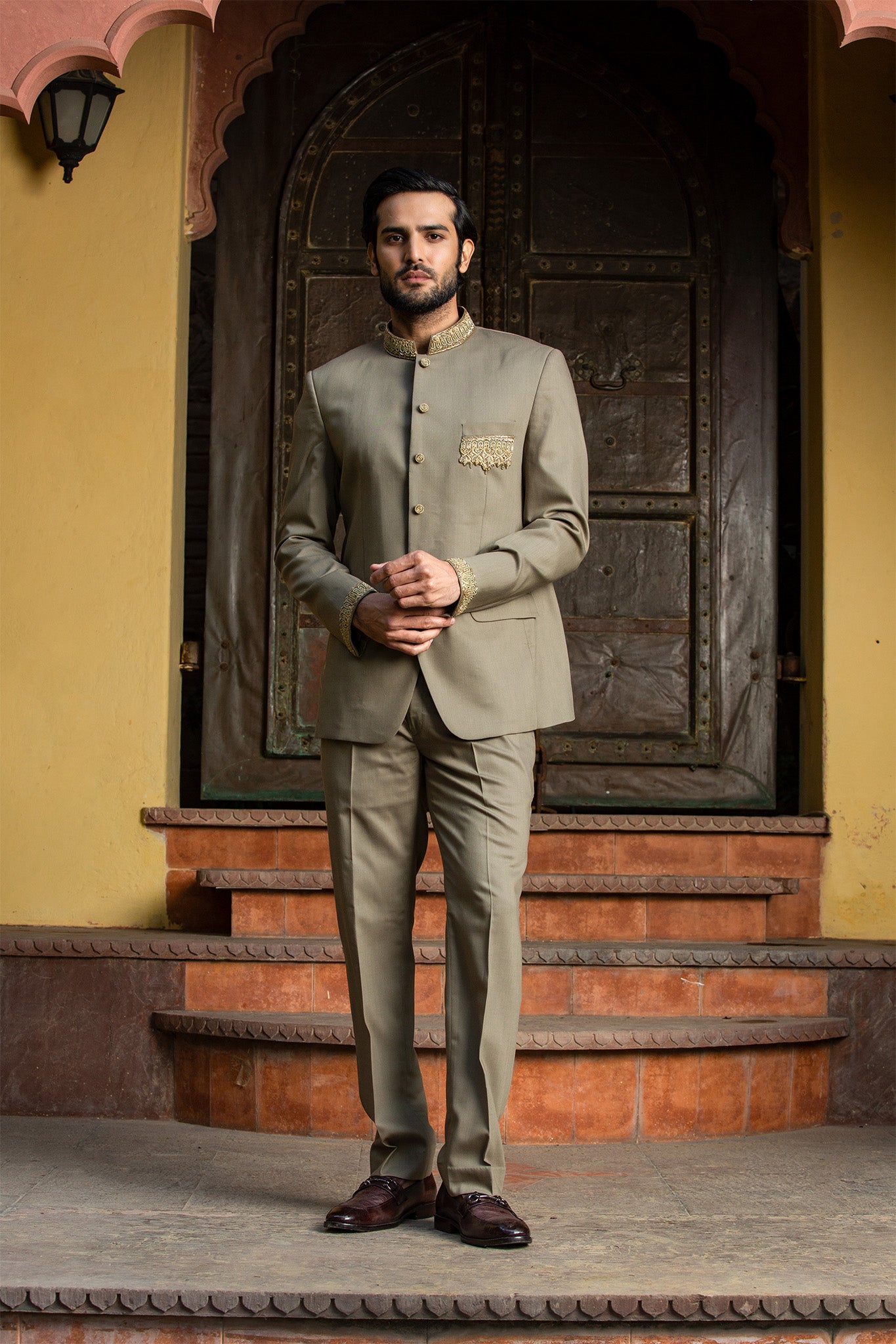 OLIVE GREEN JODHPURI SUIT ZARDOZI EMBROIDERED