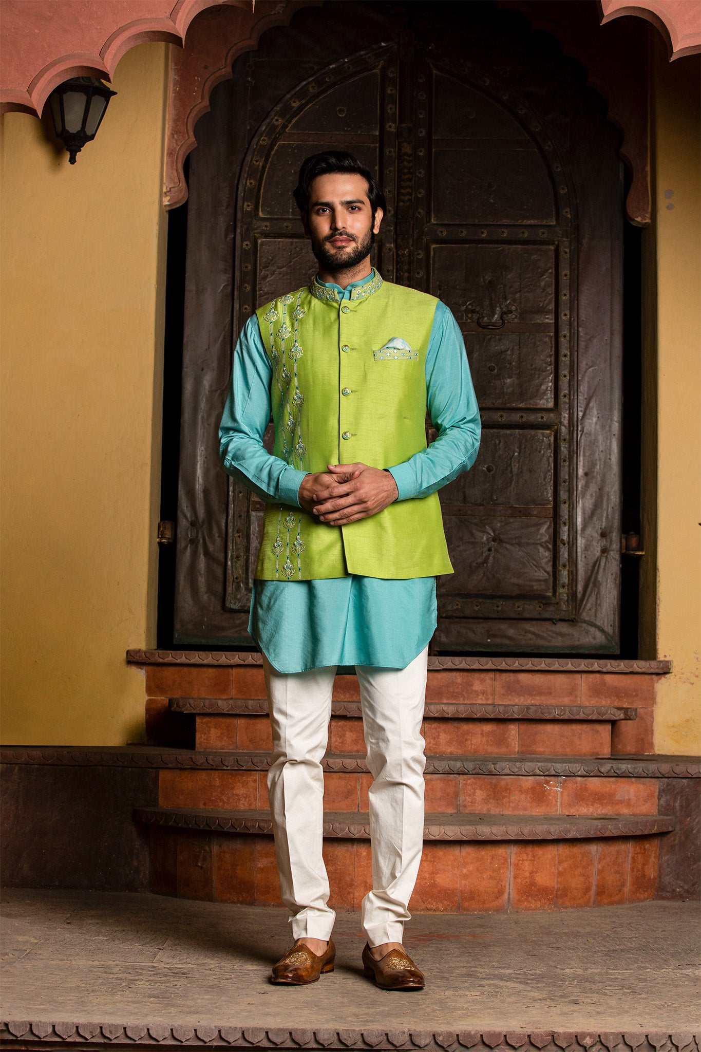 TURQ  KURTA WITH LIME RAW SILK JACKET AND  PANT