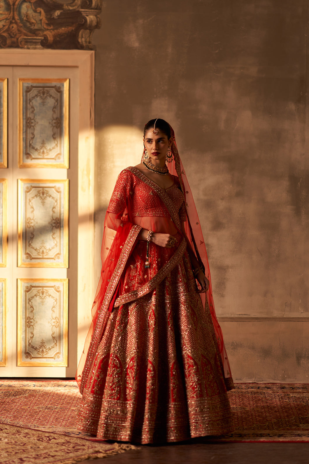 Red Raw Silk Double Dupatta Lehenga Set