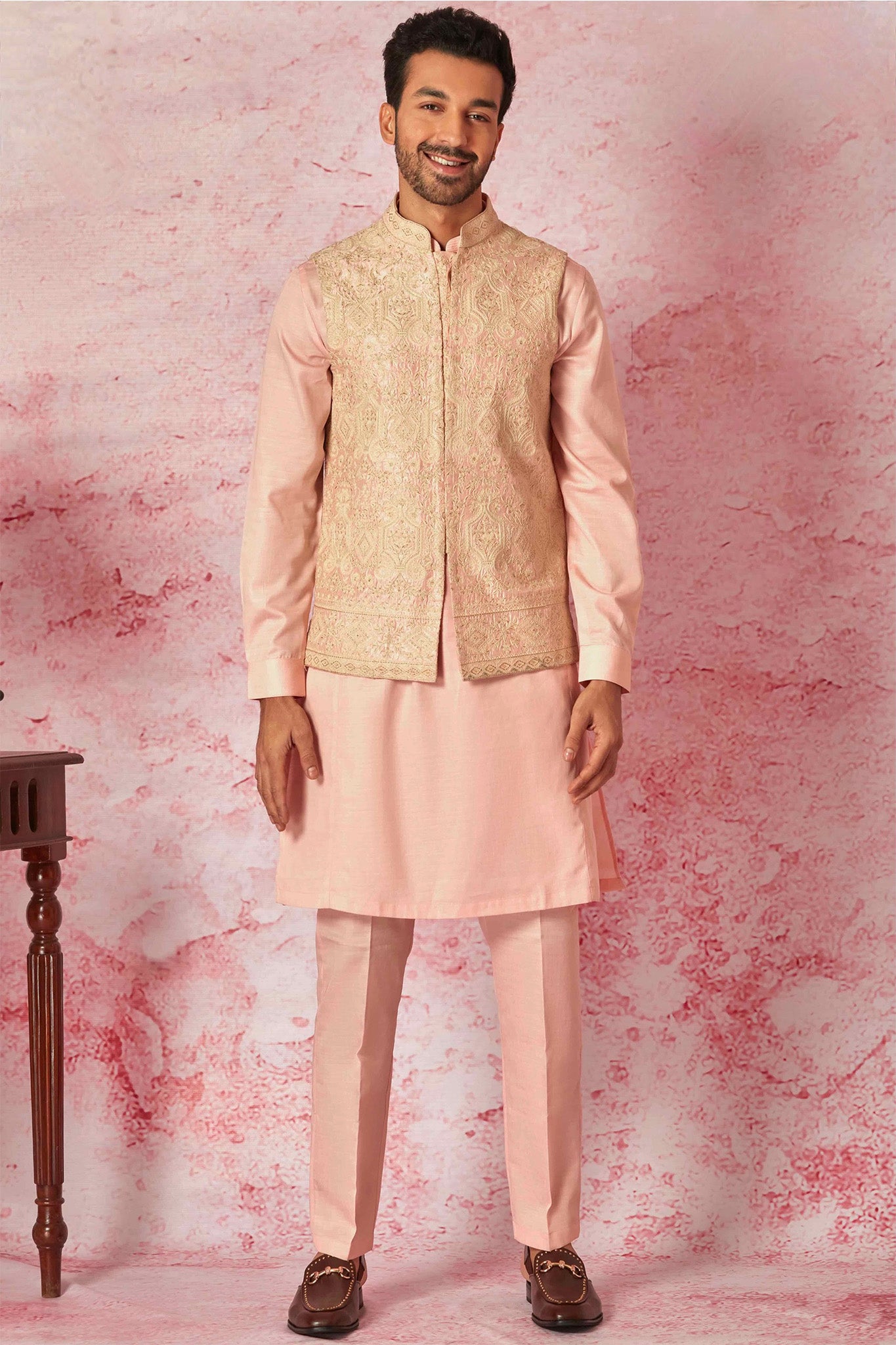 Cream Raw Silk Bundi with Salmon Pink Cotton Silk Kurta