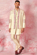 Load image into Gallery viewer, Cream Linen Bandhgala with Jaquard Silk Kurta Set
