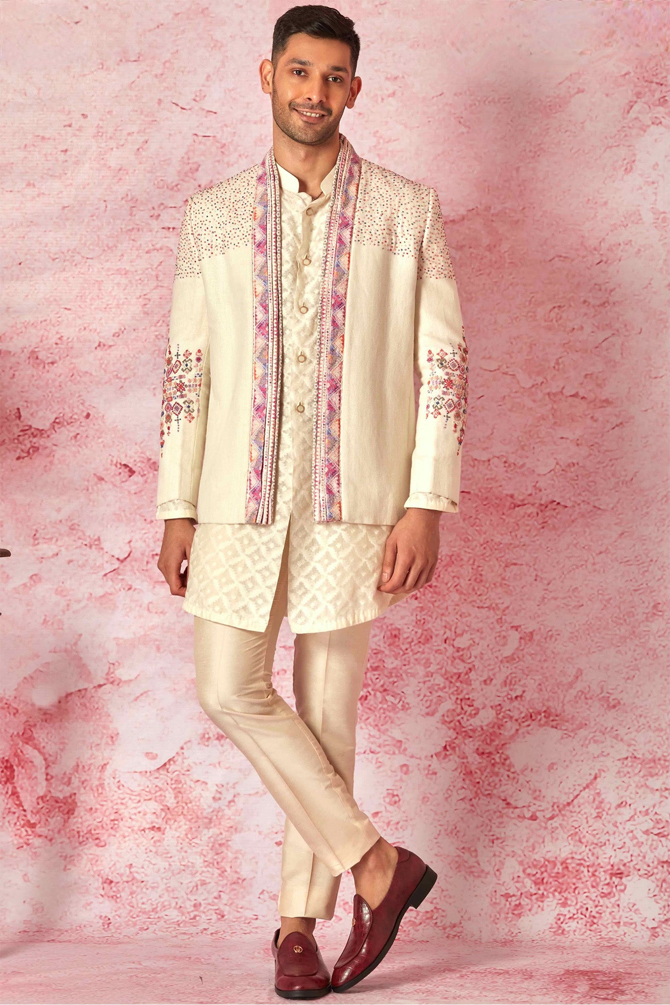 Cream Linen Bandhgala with Jaquard Silk Kurta Set