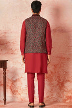 Load image into Gallery viewer, Red Linen Kurta Bundi Set with Multicolor Resham Embroidery
