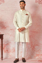 Load image into Gallery viewer, Off-White Quilted Shloka Embroidery Bundi with pintuck kurta
