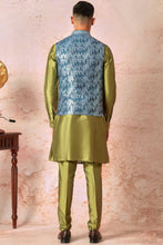 Load image into Gallery viewer, Turquoise Sequin-Adorned Bundi Set with Olive Green Cotton silk pintuck Kurta
