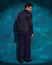 Load image into Gallery viewer, Midnight blue hand embroidered blue sequened short jacket set
