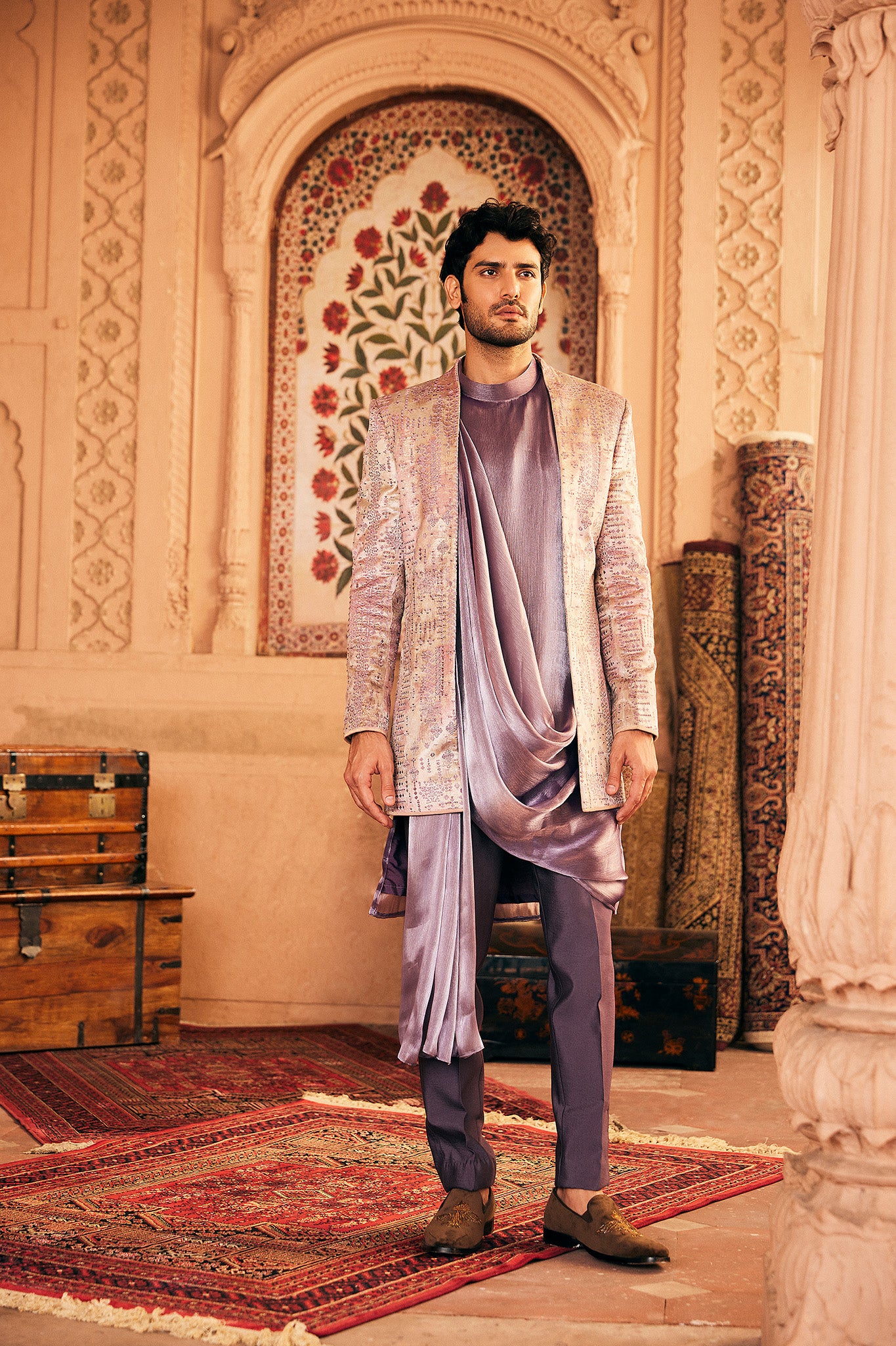 Grey Resham Embroidery Bandhgala with Anarkali Kurta