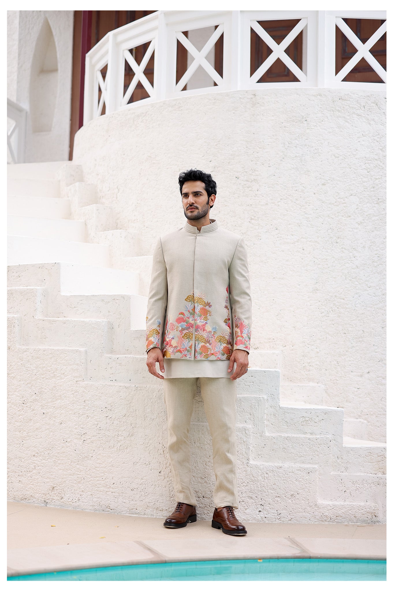Tan Floral Resham Embroidery Bandhgala