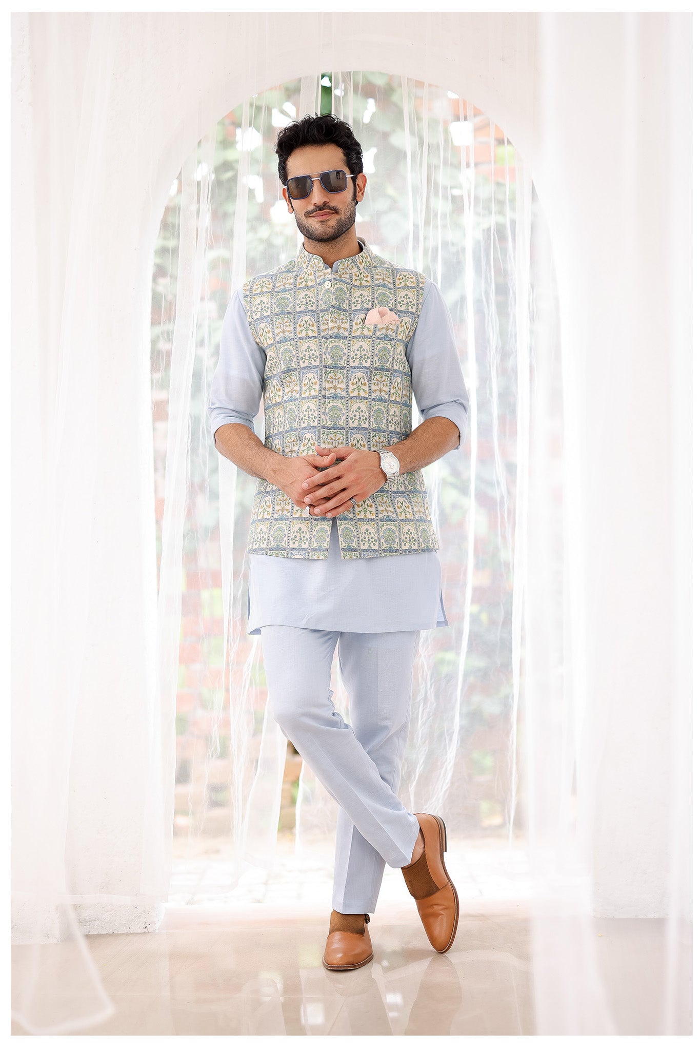 Sky Blue Floral Printed Kurta Bundi Set
