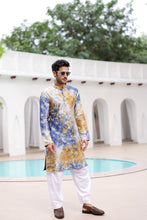 Load image into Gallery viewer, Mustard and Blue Tie-Dye Resham Embroidered Kurta
