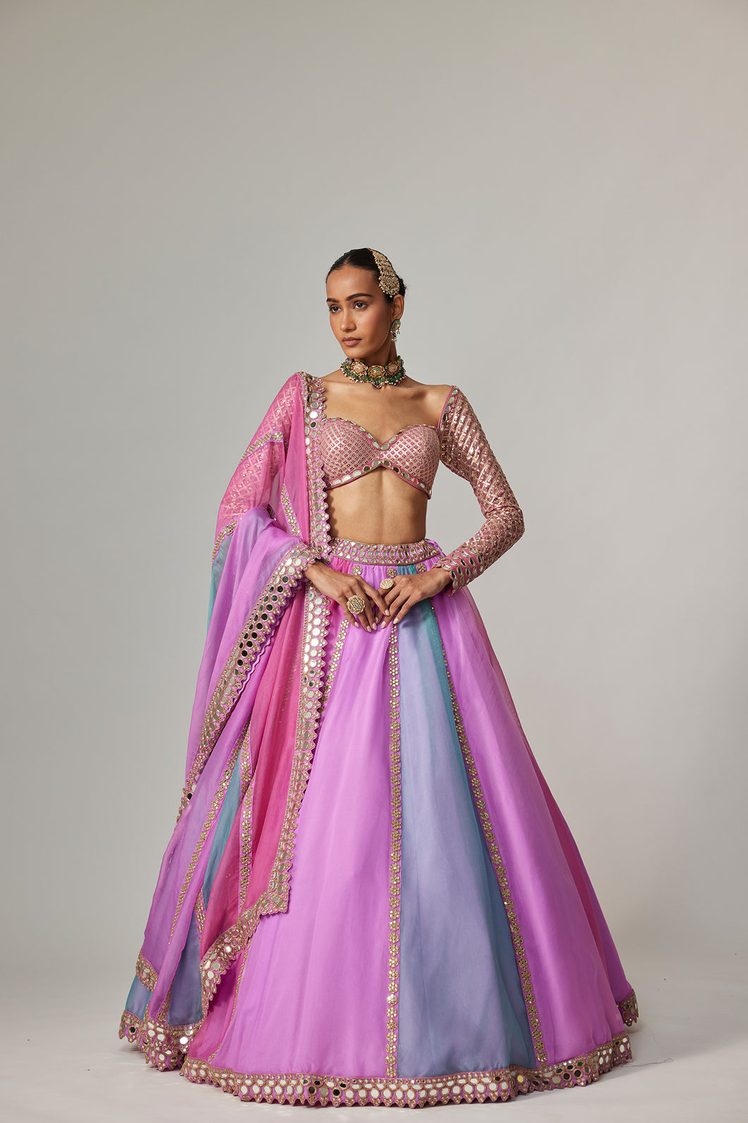 MAUVE MULTICOLOR LINEAR LEHENGA WITH SWEETHEART FULL SLEEVE BLOUSE
