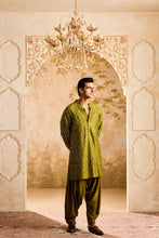 Load image into Gallery viewer, EMBROIDERED MEHENDI GREEN MIRRORWORK KURTA WITH SALWAR
