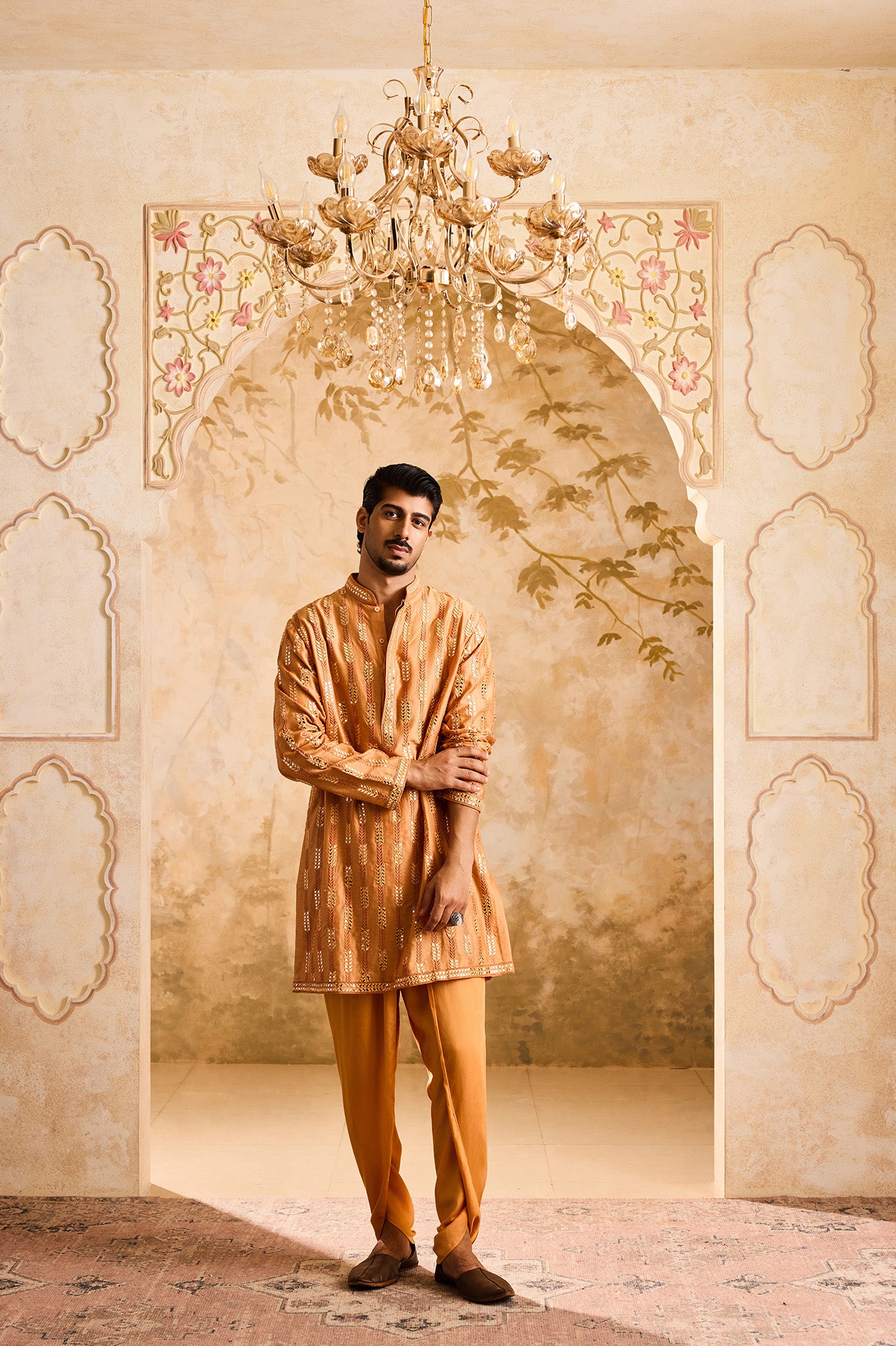 EMBROIDERED RUST MIRRORWORK KURTA WITH DHOTI SALWAR