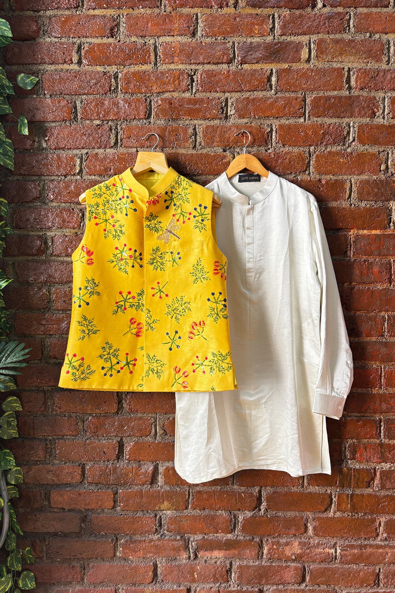 Ivory and Yellow Hand Painted and Hand Embroidered Vest Set