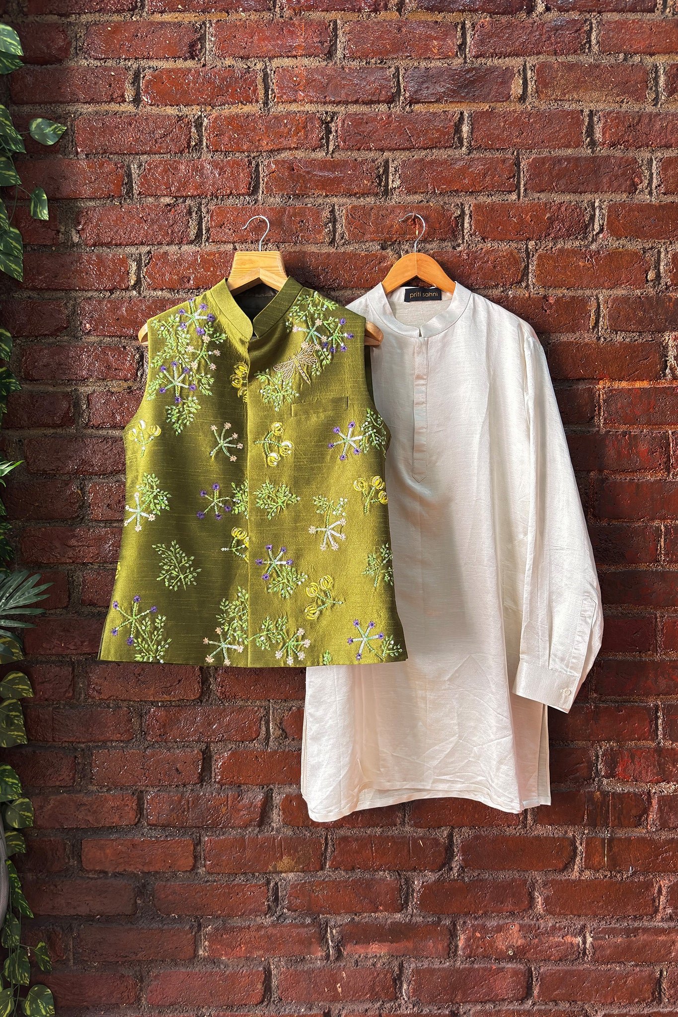 Ivory and Green  Hand Painted and Hand Embroidered Vest Set