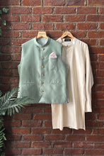 Load image into Gallery viewer, Creme Kurta and Pant with Sage Green Raw Silk Vest
