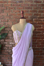 Load image into Gallery viewer, Lavender Pre-draped saree with mirror work blouse
