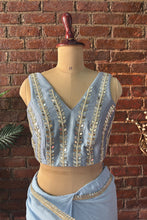 Load image into Gallery viewer, Dusty Blue Pre-draped saree with mirror work blouse
