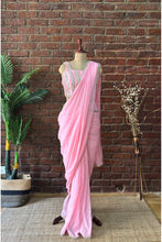 Load image into Gallery viewer, Pink Pre-draped saree with mirror work blouse

