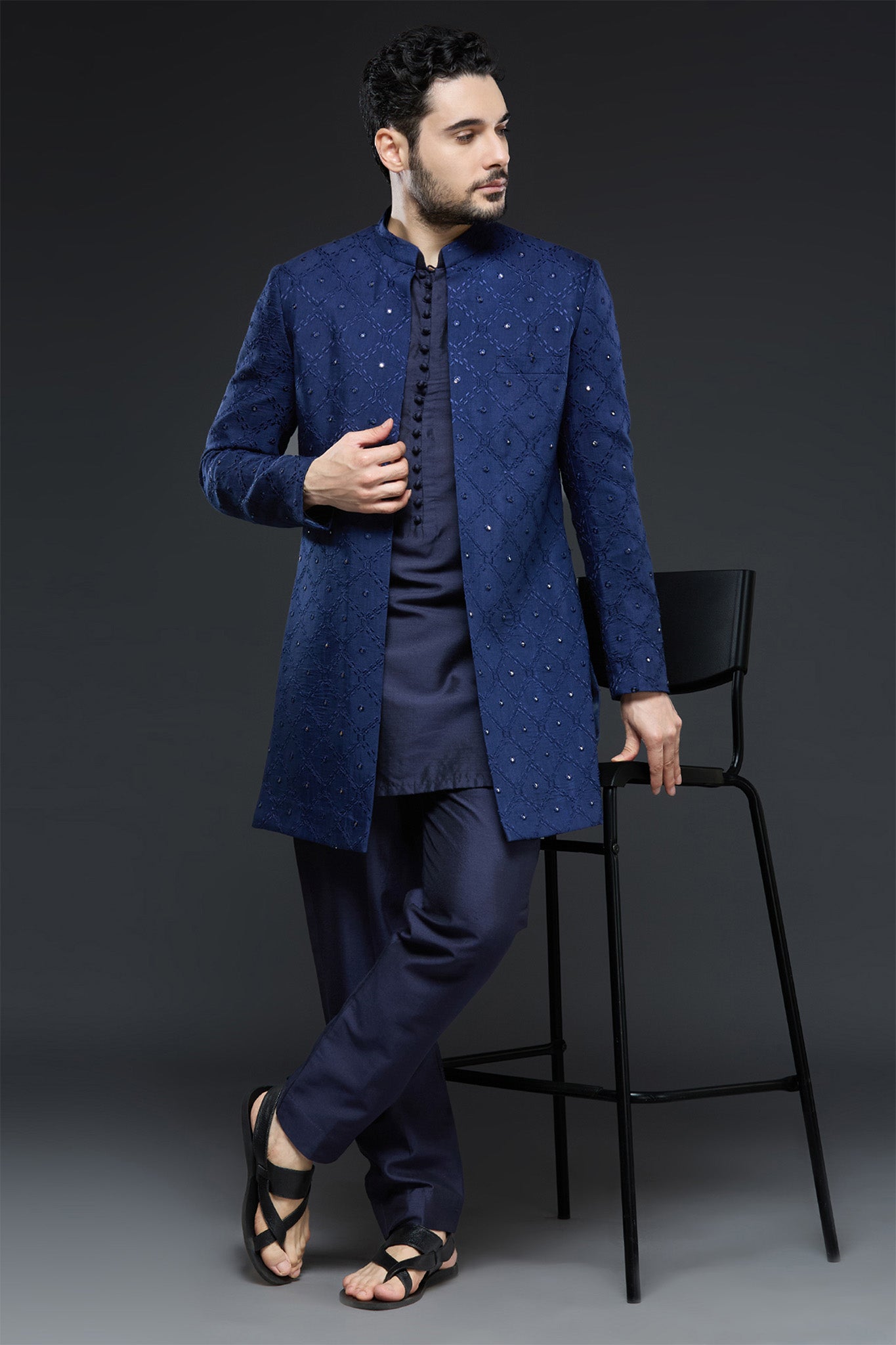 Navy Blue Sherwani Jacket Set