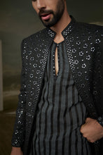 Load image into Gallery viewer, BLACK RAW SILK FULL SLEEVED JACKET WITH KURTA AND SALWAR
