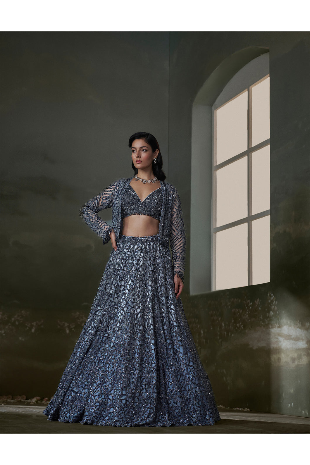 Stone grey Lehenga Choli Set With Jacket