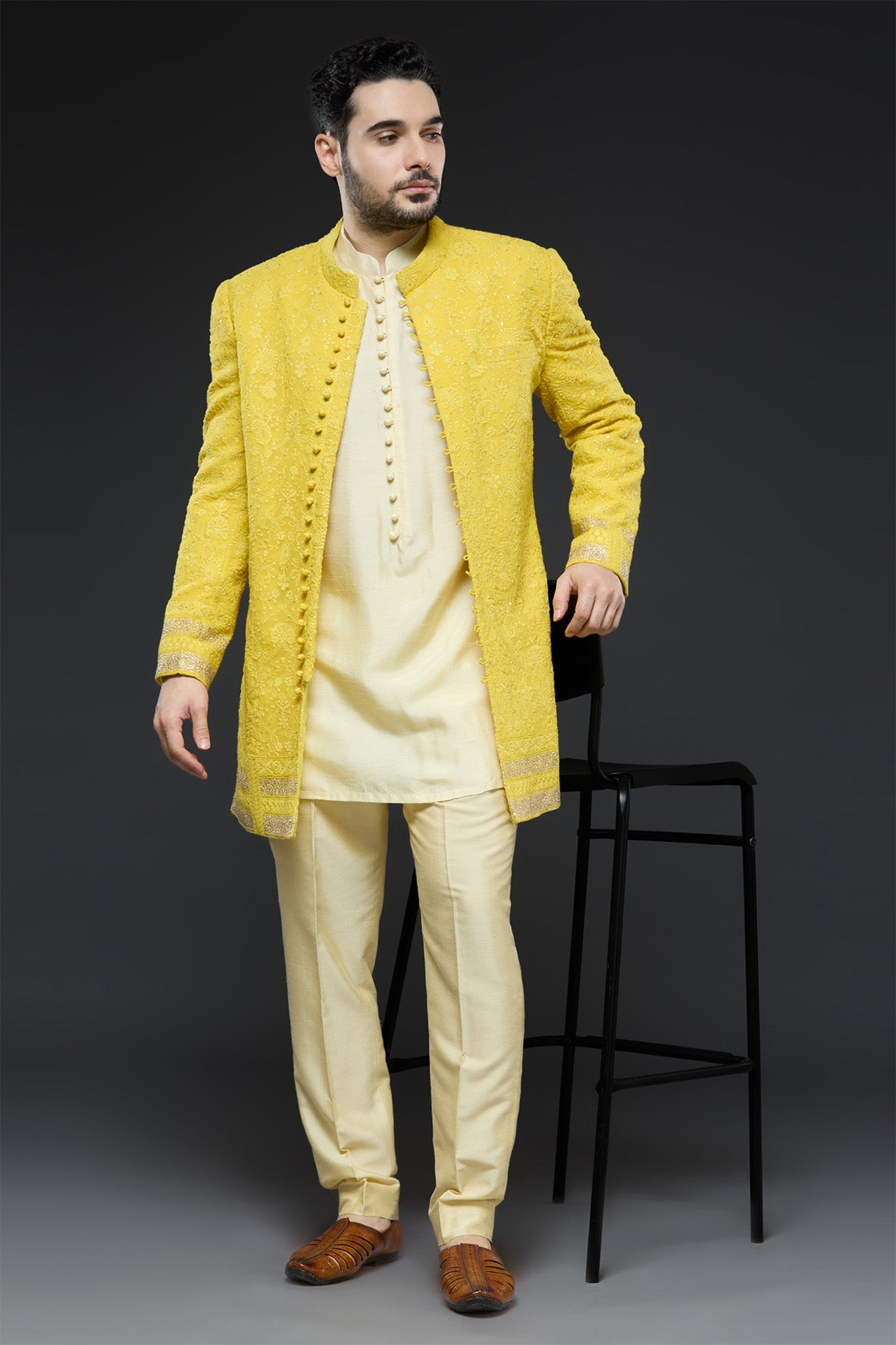 Mustard Threadwork Sherwani Jacket Set