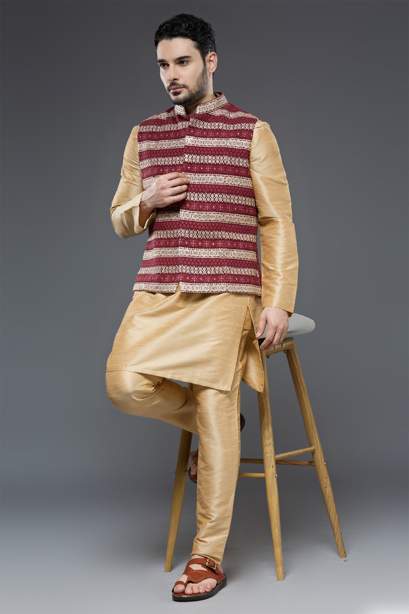 Wine and Beige Vest Set