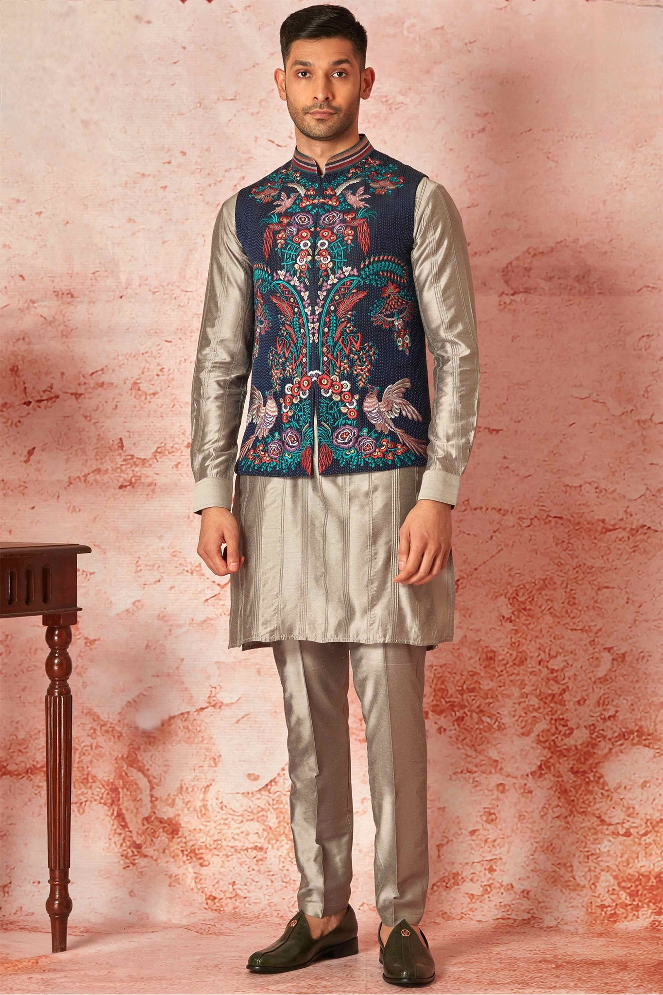 Grey Silk Kurta Bundi Set with Multicolor Resham Embroidery